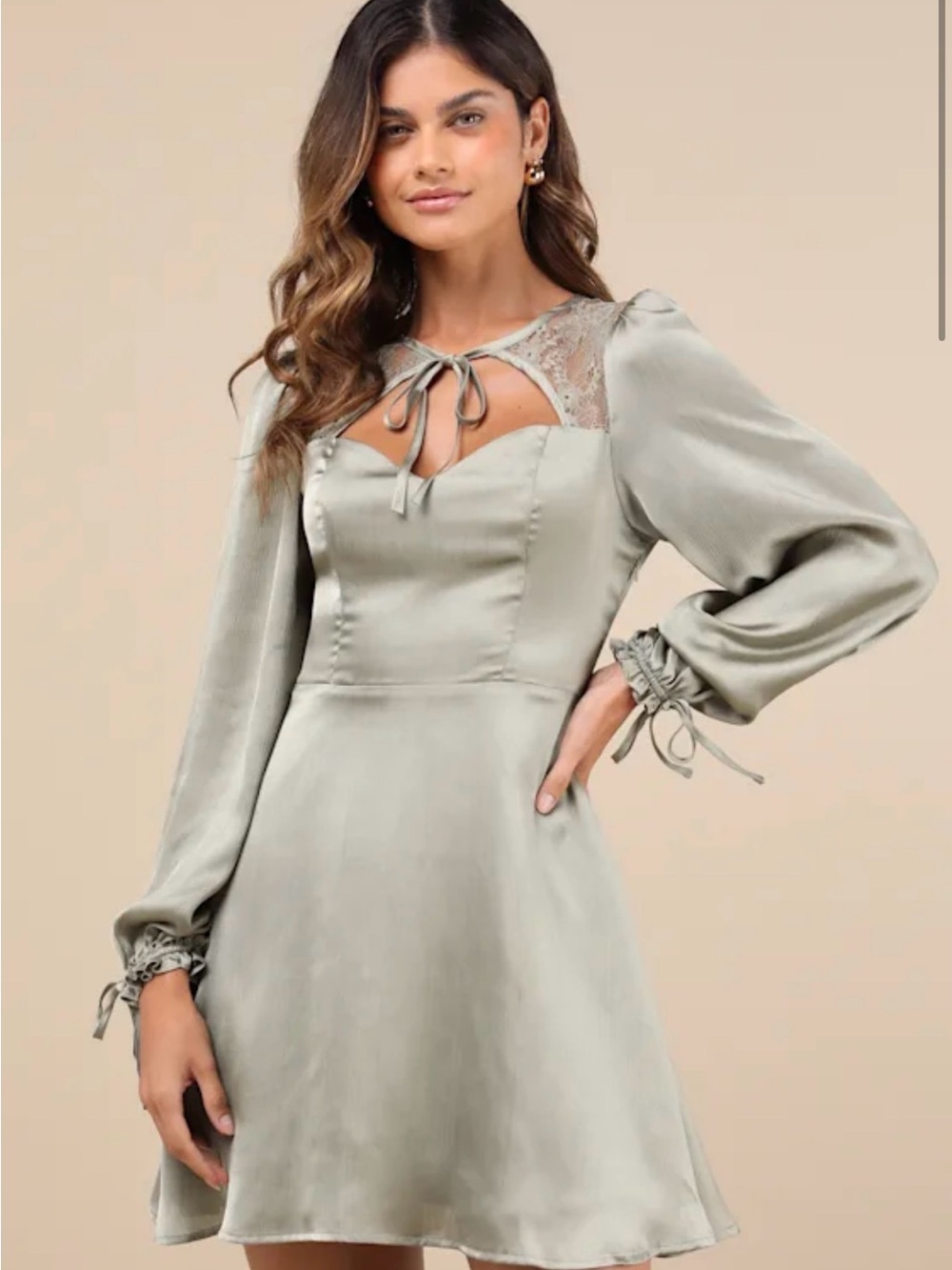 Lulu's Sage Satin Lace-Yoke Long Sleeve Mini Dress